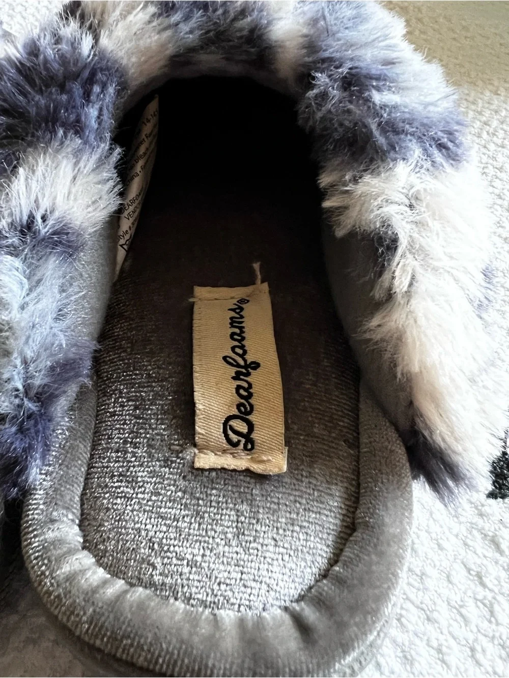 dearfoams Kids Gray Faux-Fur Clog Slippers with Patterned Trim